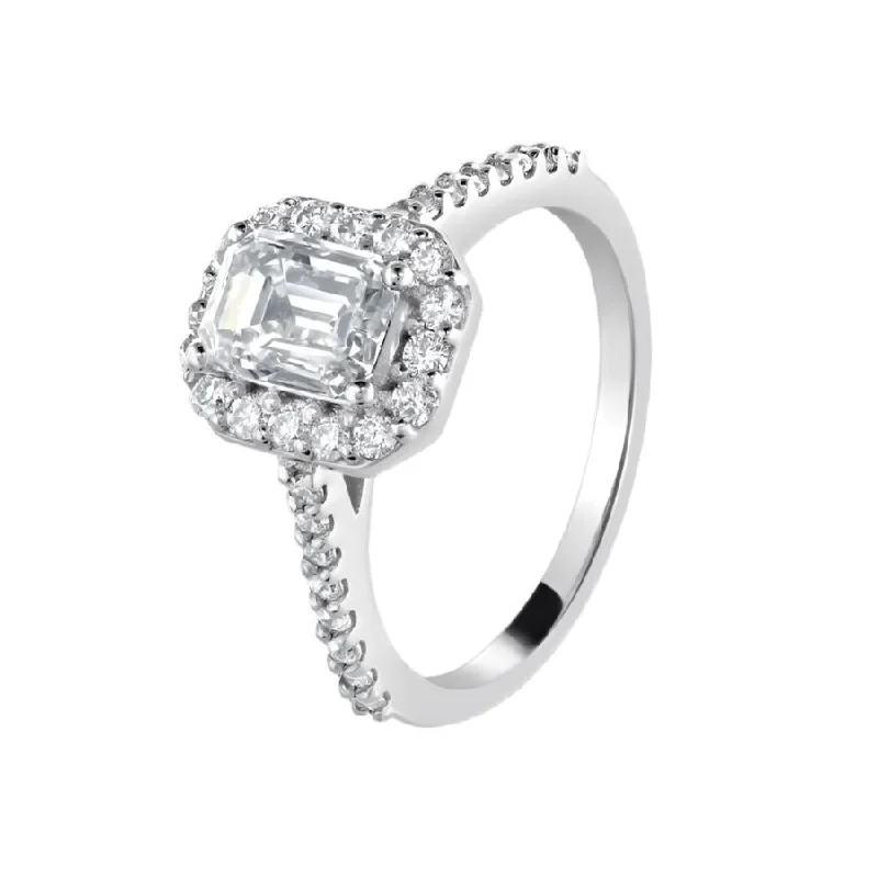 Platinum Emerald Cut Diamond Halo Cluster Ring with Diamond Shoulders