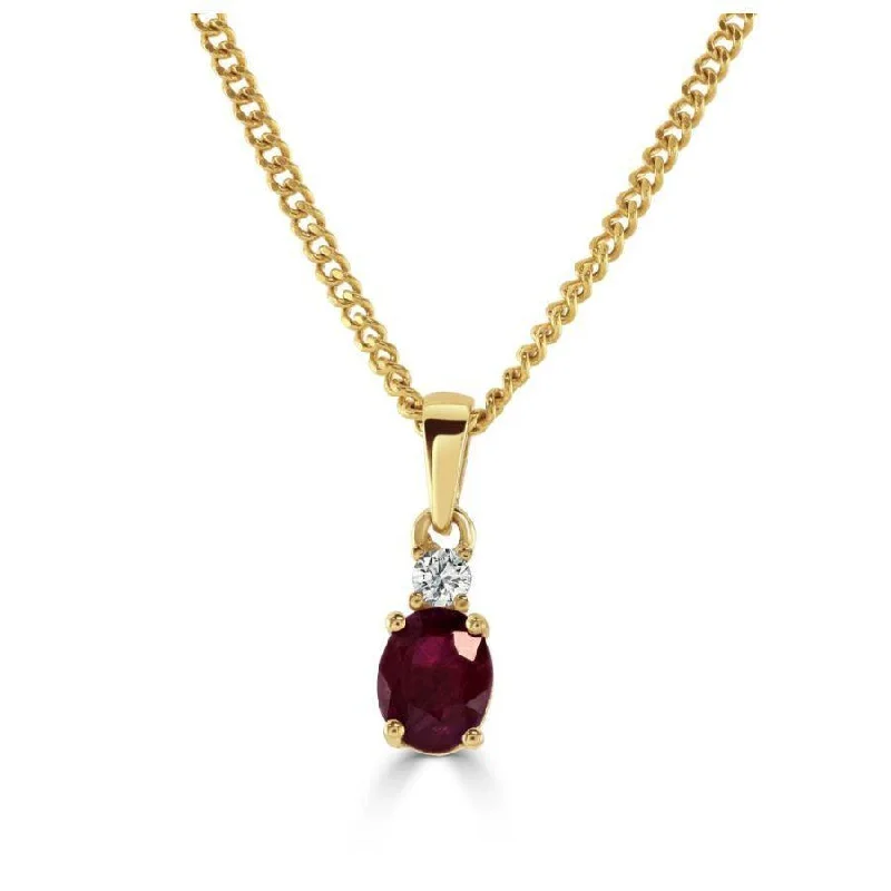 18ct Yellow Gold Oval Cut Ruby & Round Brilliant Cut Diamond Drop Pendant