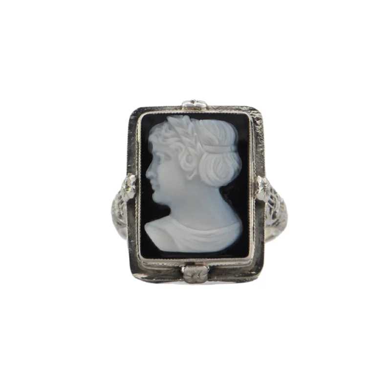 Vintage Hardstone Cameo 14K White Gold Ring