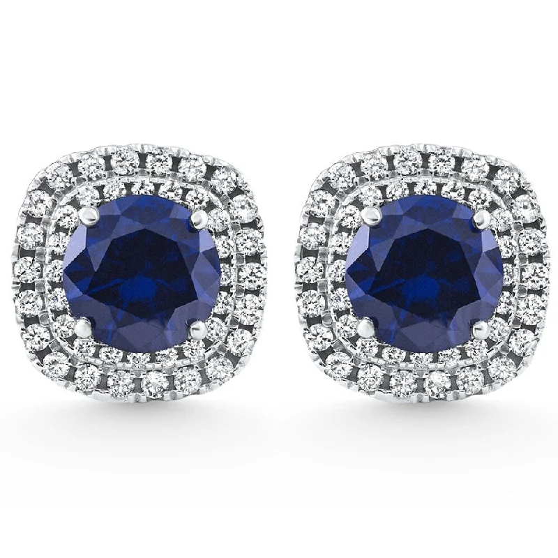 2.65Ct Cushion Halo Blue Sapphire Diamond Studs White Gold Earring Lab Grown