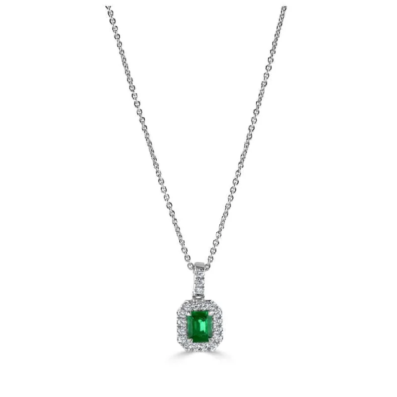 18ct White Gold Octagonal Cut Emerald & Diamond Halo Cluster Pendant