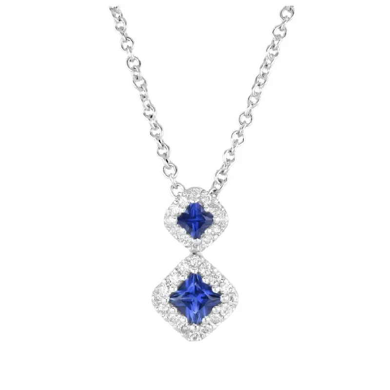 18ct White Gold Square Cut Sapphire & Diamond Halo Double Drop Pendant