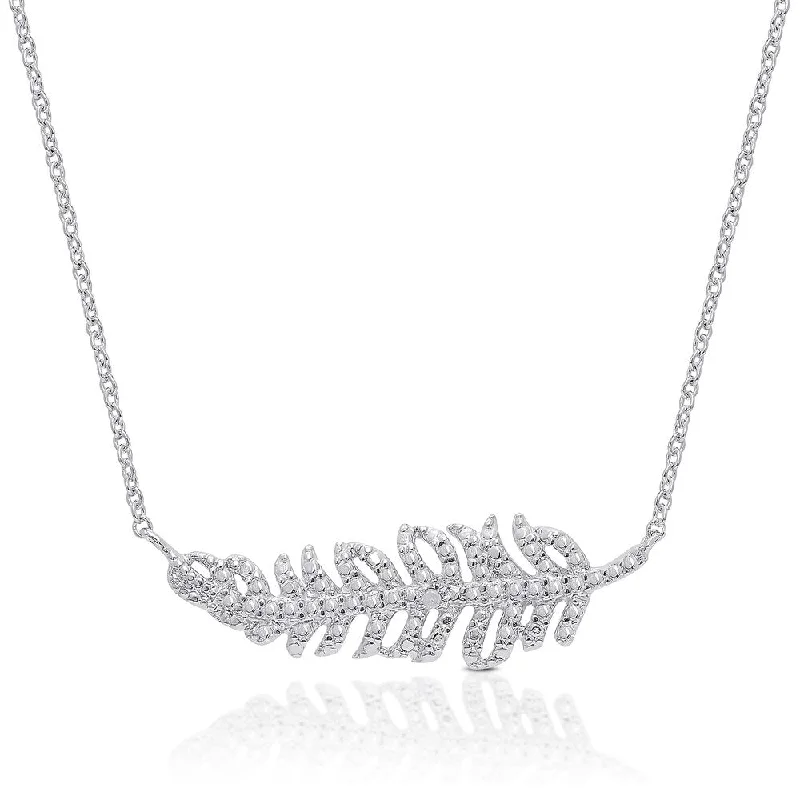 Finesque Silver Overlay Diamond Accent Feather Necklace