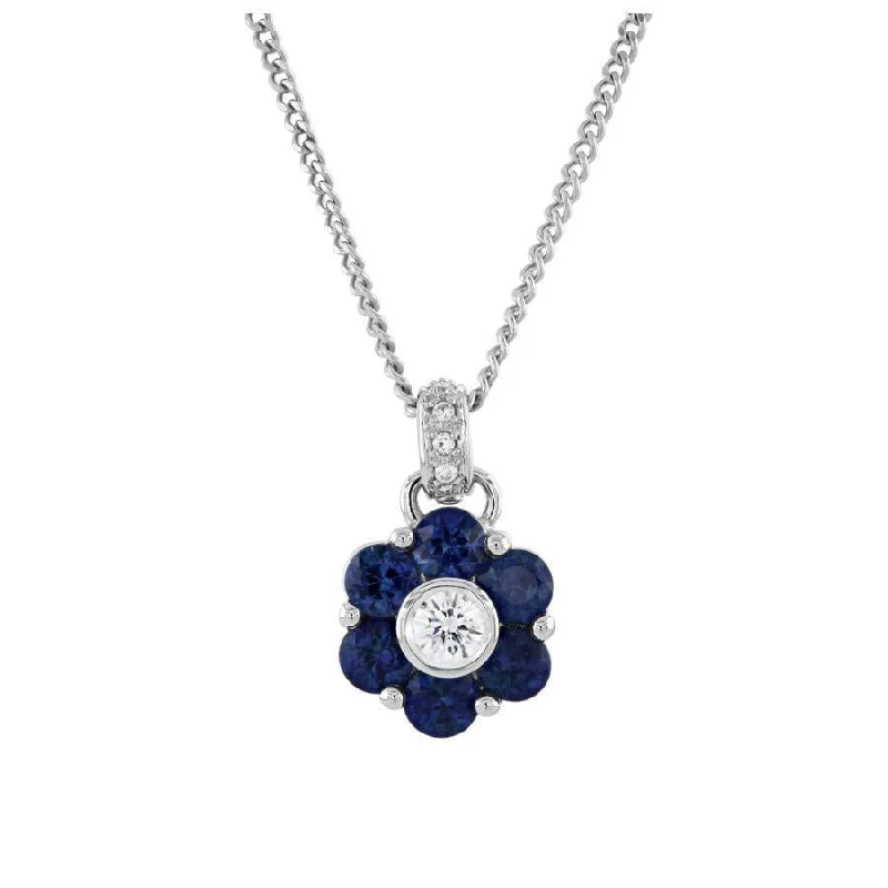 18ct White Gold Sapphire & Diamond Round Cluster Pendant & Chain