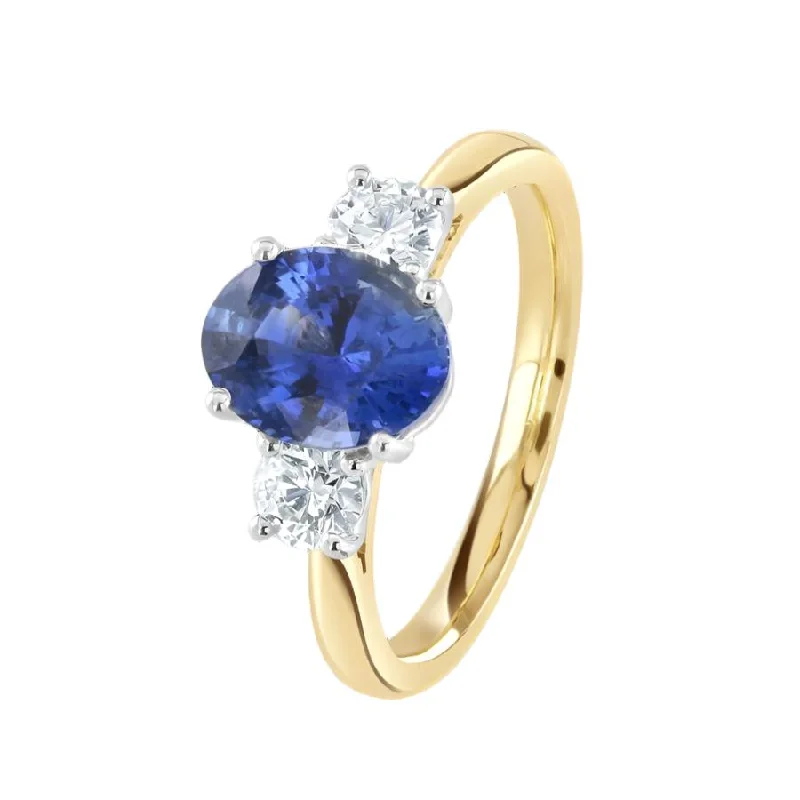 18ct Yellow Gold Oval Cut Sapphire & Round Brilliant Cut Diamond Trilogy Ring