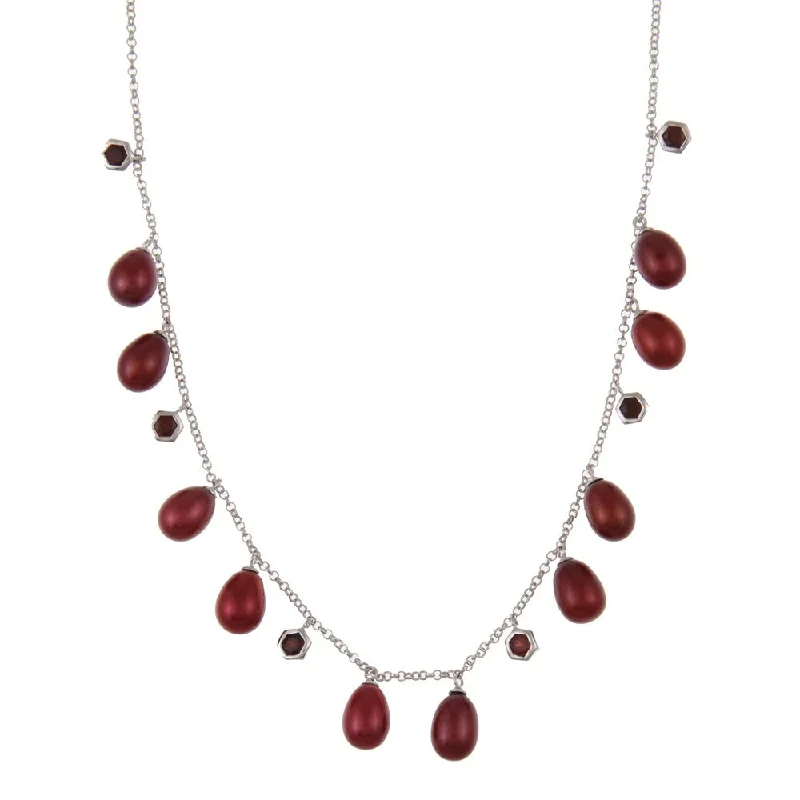 DaVonna Silver Red FW Pearl and Garnet Tin Cup 18-inch Necklace (7.5-8 mm)