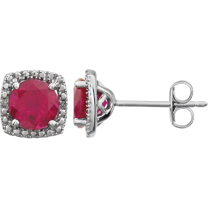 Sterling Silver Created Ruby & .015 CTW Diamond Stud Earring for Women