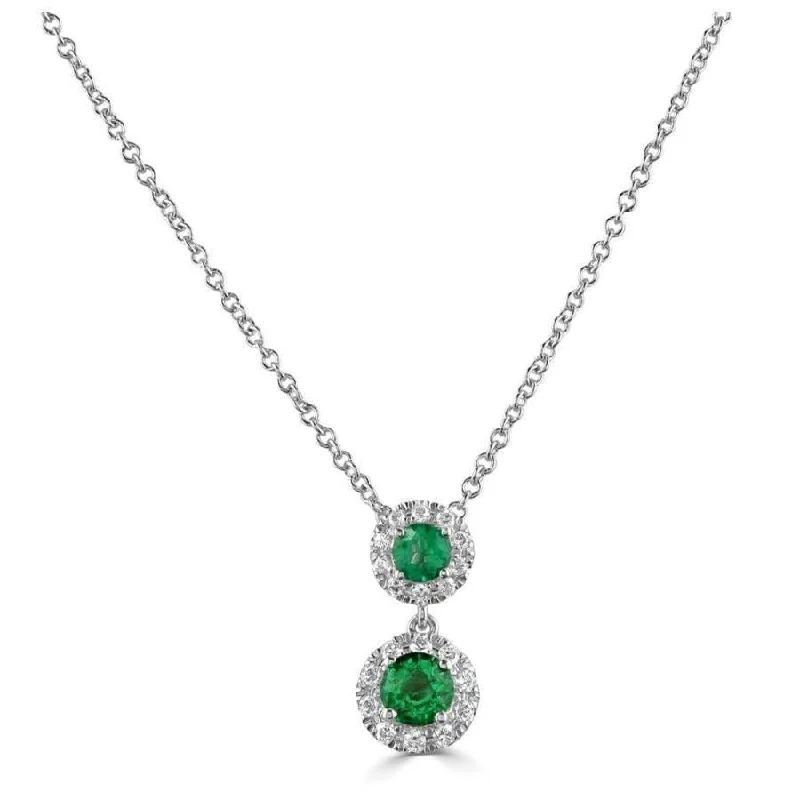 18ct White Gold Round Cut Emerald & Diamond Double Halo Cluster Drop Pendant