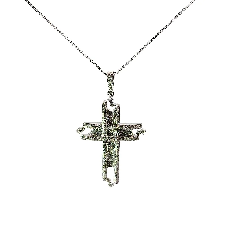 Invisible-Set Diamond 14k White Gold Cross Pendant Necklace