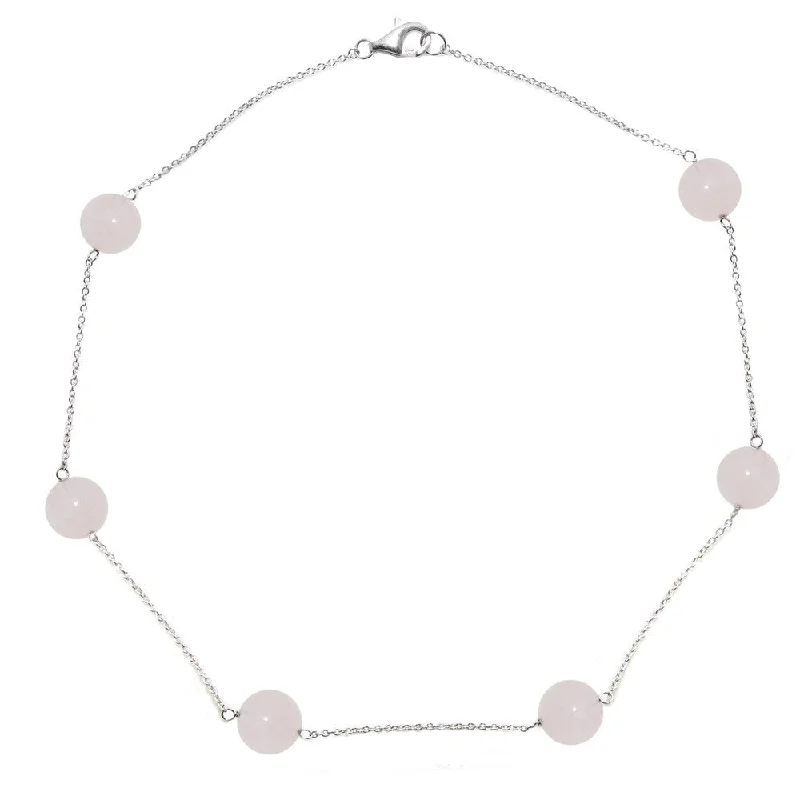 DaVonna Sterling Silver 12mm Round Rose Quartz Gemstone Tin Cup Chain Necklace 18"