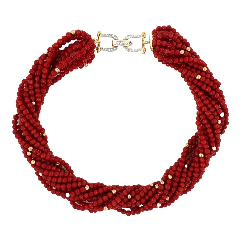 12-Strand Coral Torsade Necklace with Diamond Buckle Clasp