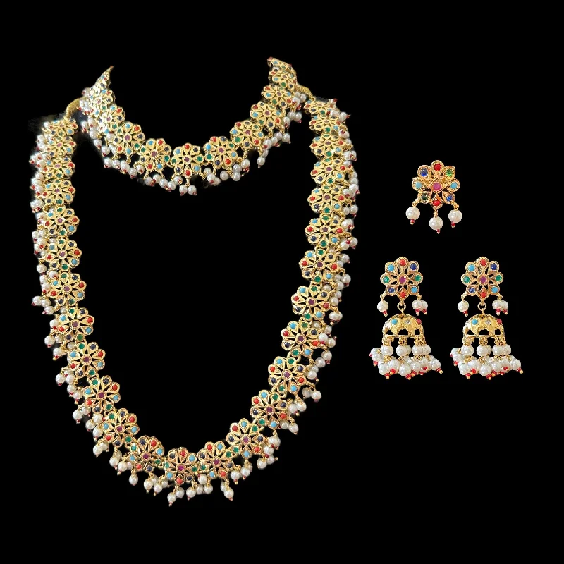 DNS85 Malavika necklace set with jhumka and ring - Navratan ( SHIPS IN 2 WEEK )