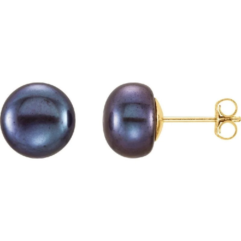 14k Yellow Gold 8-9 mm Black Freshwater Cultured Pearl Stud Earring for Women