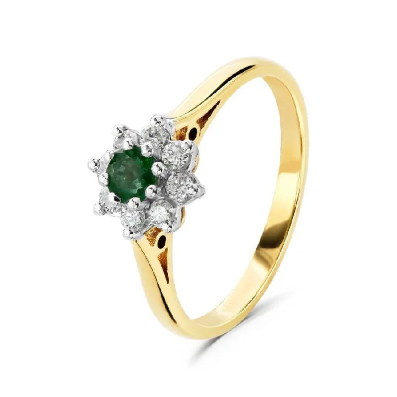 18ct Yellow Gold Round Cut Emerald & Diamond Cluster Ring