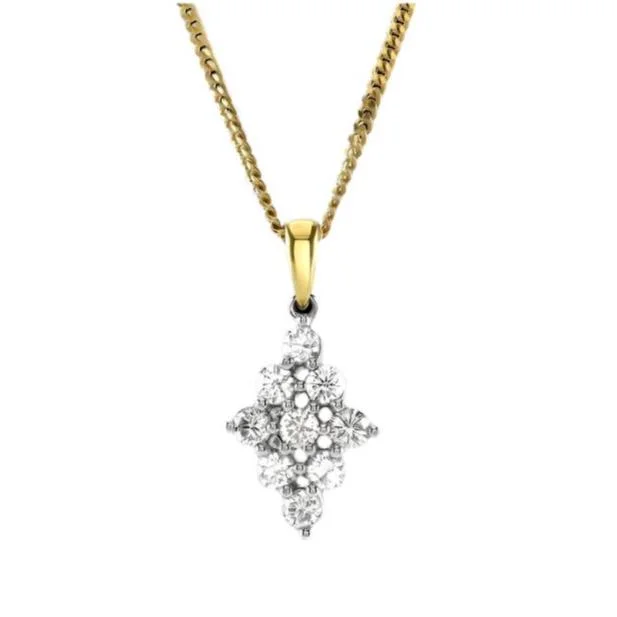 18ct Yellow Gold 9-Round Brilliant Cut Diamond Cluster Pendant & Chain