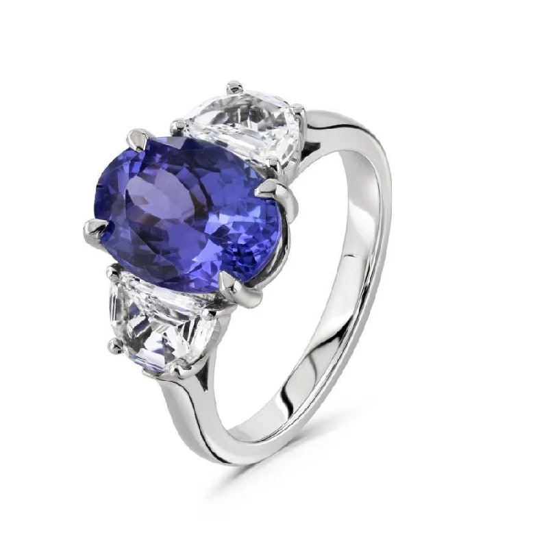 Platinum Oval Cut Tanzanite & Diamond Trilogy Ring