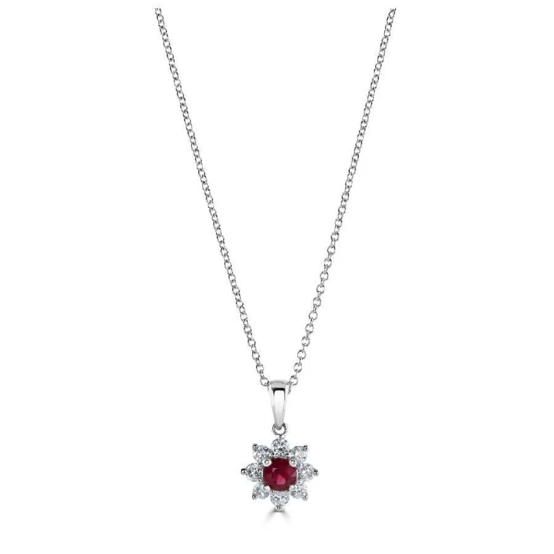 18ct White Gold Round Cut Ruby & Diamond Cluster Pendant