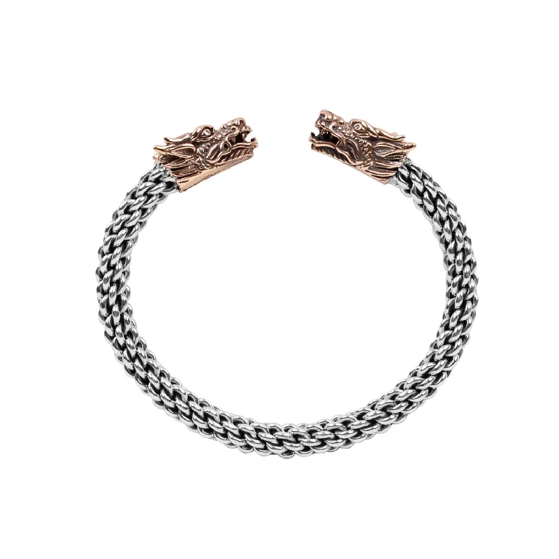 Silver and Bronze Double Headed Dragon Flexible Torc Bangle