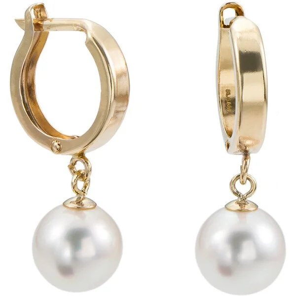 DaVonna 14k Yellow Gold Round Freshwater Pearl Dangle Earring (8-9 mm)