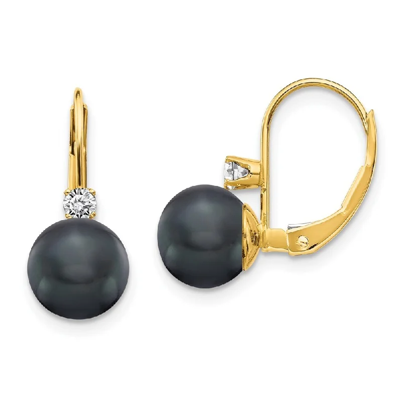 14k Yellow Gold Black Pearl Diamond Lever back Earring (L-16 mm, W-7 mm)