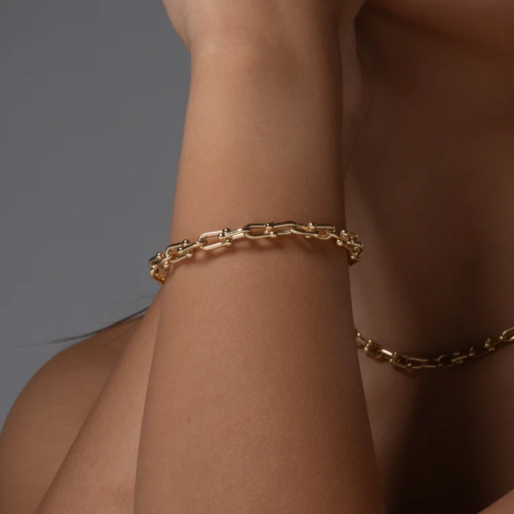 Real Gold GZTF Bold Chunky Solid Hardware Bracelet With Luxury Round Lock 4751 (19 C.M) BR1620