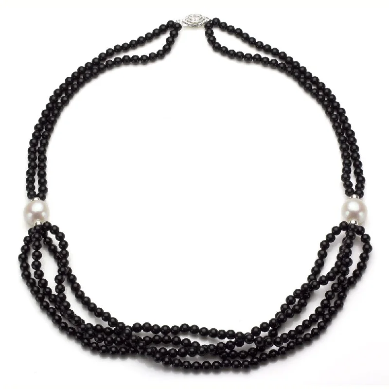 DaVonna Silver 2-row Black Onyx and White FW Pearl Necklace (11-12 mm)