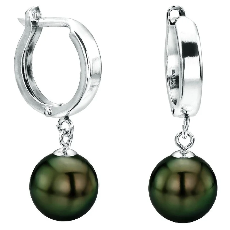 DaVonna 14k White Gold 8-8.5 Hand-picked Round Black Tahitian Cultured High Luster Pearl Dangle Earring