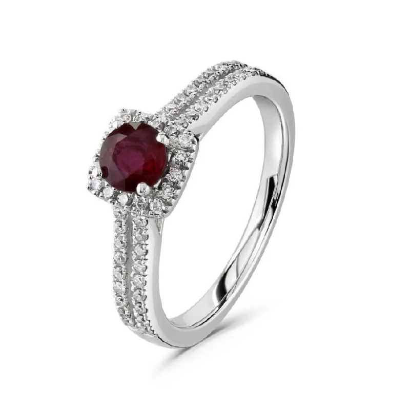 9ct White Gold Round Cut Ruby & Diamond Halo Cluster Ring with Split Diamond Shoulders