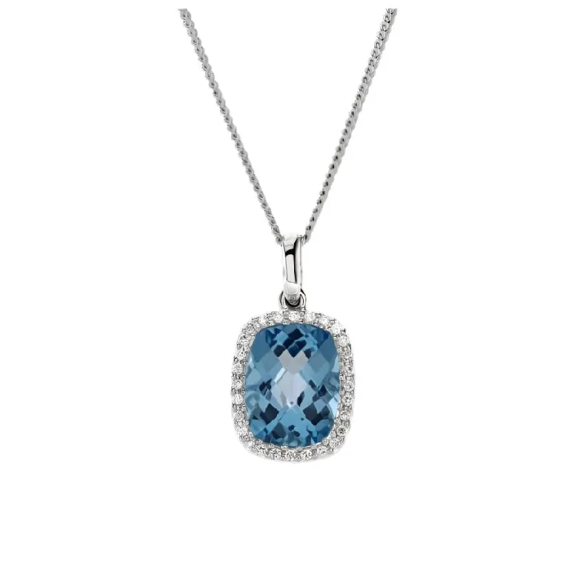 18ct White Gold Cushion Cut Blue Topaz & Diamond Halo Cluster Pendant