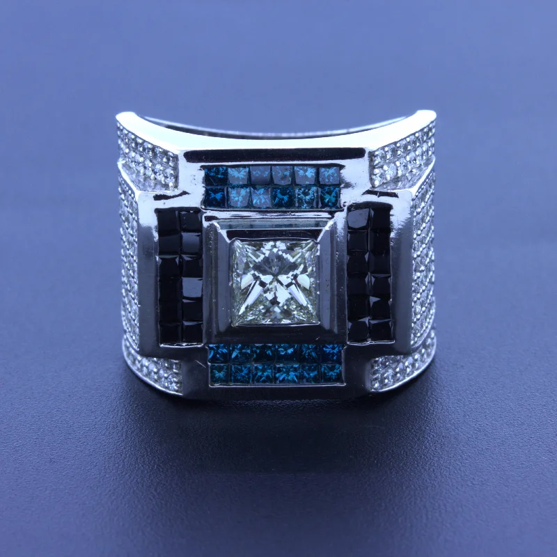 Gentleman’s White Blue Black Diamond 14k White Gold Ring