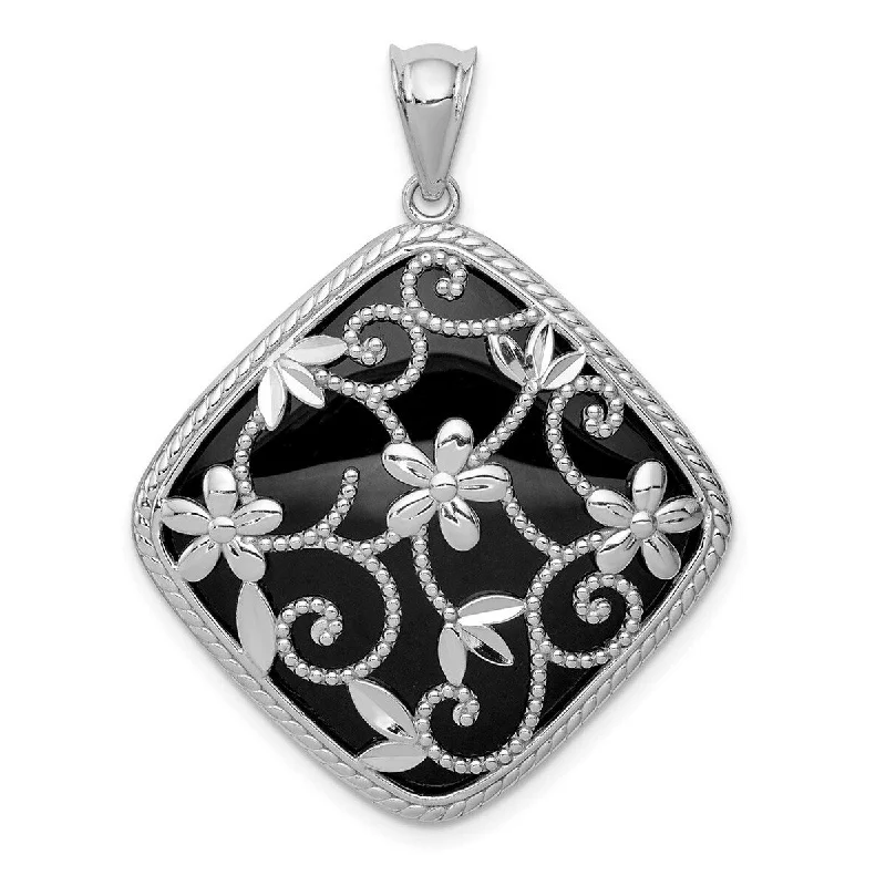 Curata 925 Sterling Silver Textured and Sparkle Cut Simulated Onyx Pendant Necklace Jewelry Gifts for Women