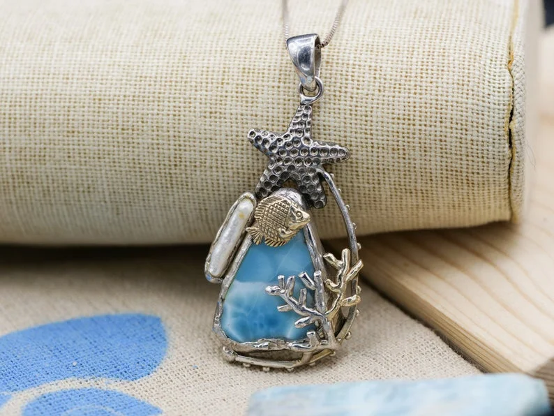 Sterling Silver Starfish with Caribbean Larimar Pendant Necklace - Only One Piece Created