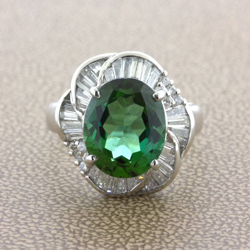 4.95 Carat Indicolite Tourmaline Diamond Platinum Spiral Ring