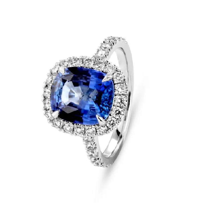 Platinum Cushion Cut Sapphire & Diamond Halo Cluster Ring with Diamond Shoulders