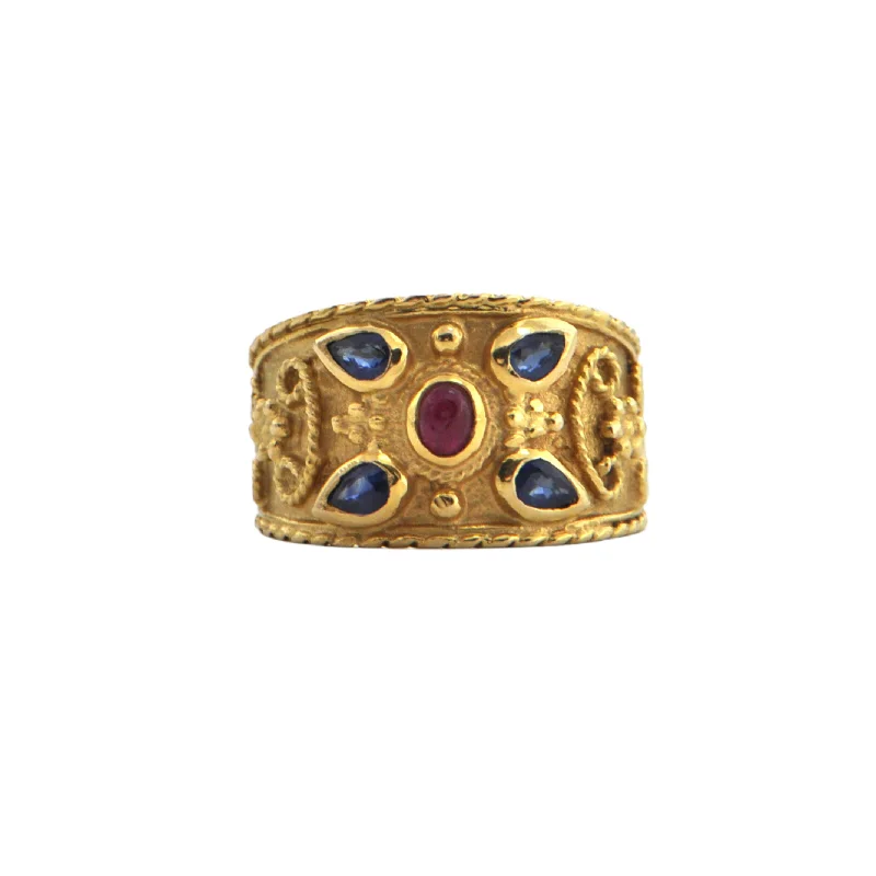 Etruscan Revival Sapphire and Ruby 18k Gold Ring