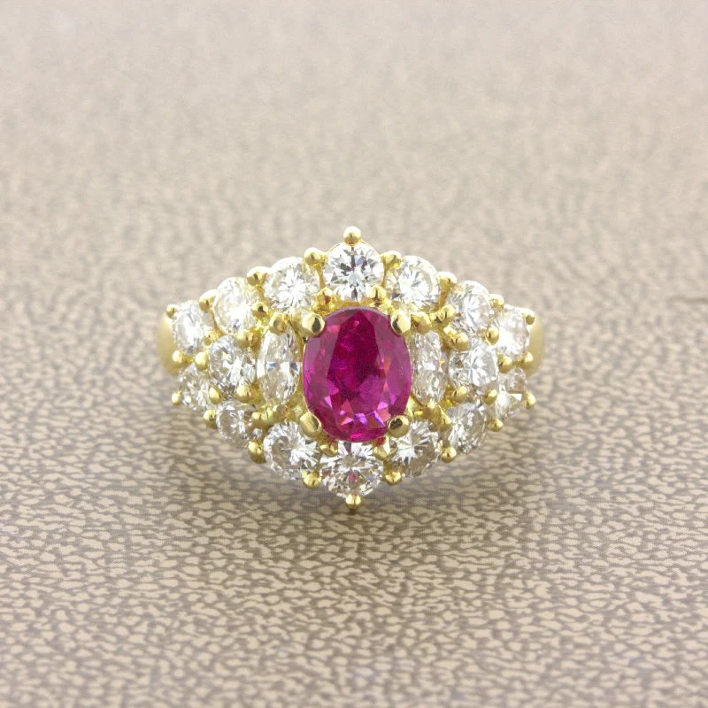 1.09 Carat Burma No-Heat Ruby Diamond 18K Yellow Gold Ring, GIA Certified