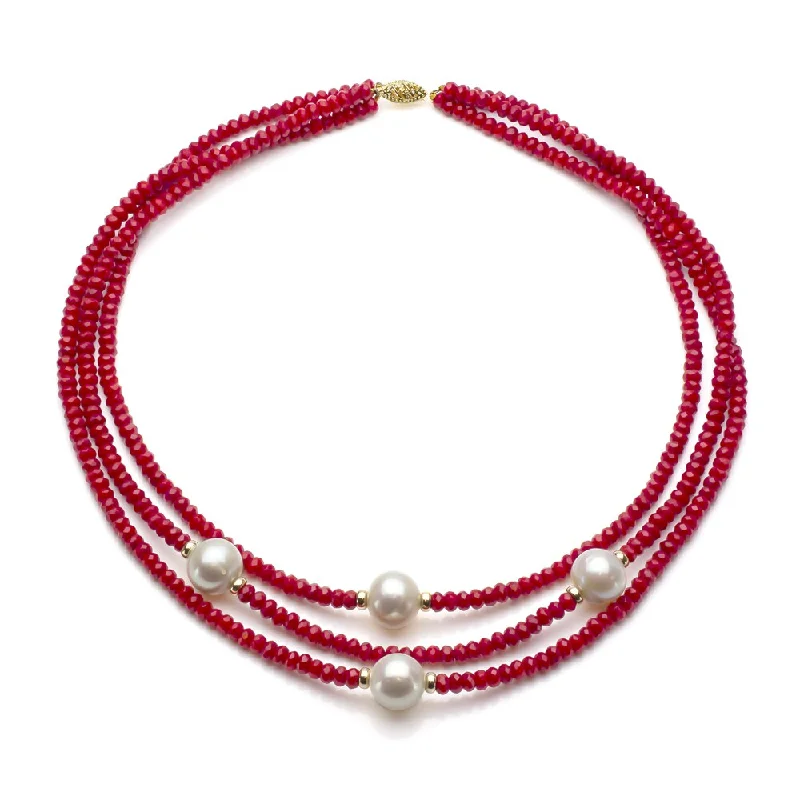 DaVonna 14k Gold 3-row Red Coral and White FW Pearl Necklace (11-12 mm)