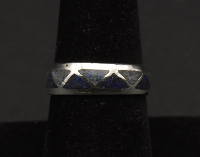 Vintage Sterling Silver Blue Inlaid Crushed Stone Ring - Size 7.75