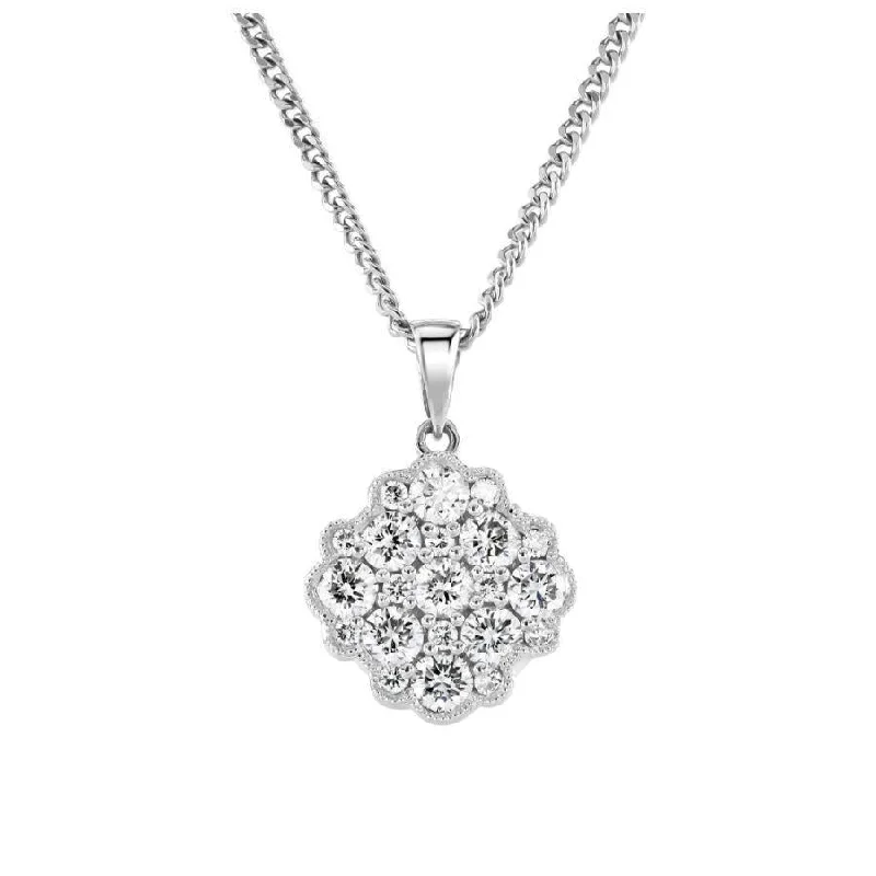 18ct White Gold Millegrain Set 9-Round Brilliant Cut Diamond Cluster Pendant & Chain