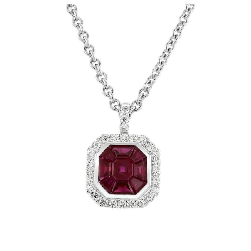 18ct White Gold Invisible Set Octagonal Ruby & Diamond Cluster Pendant