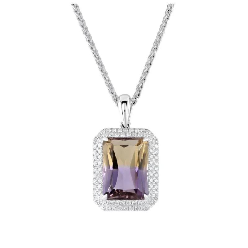 18ct White Gold Rectangular Cut Ametrine & Diamond Double Halo Cluster Pendant