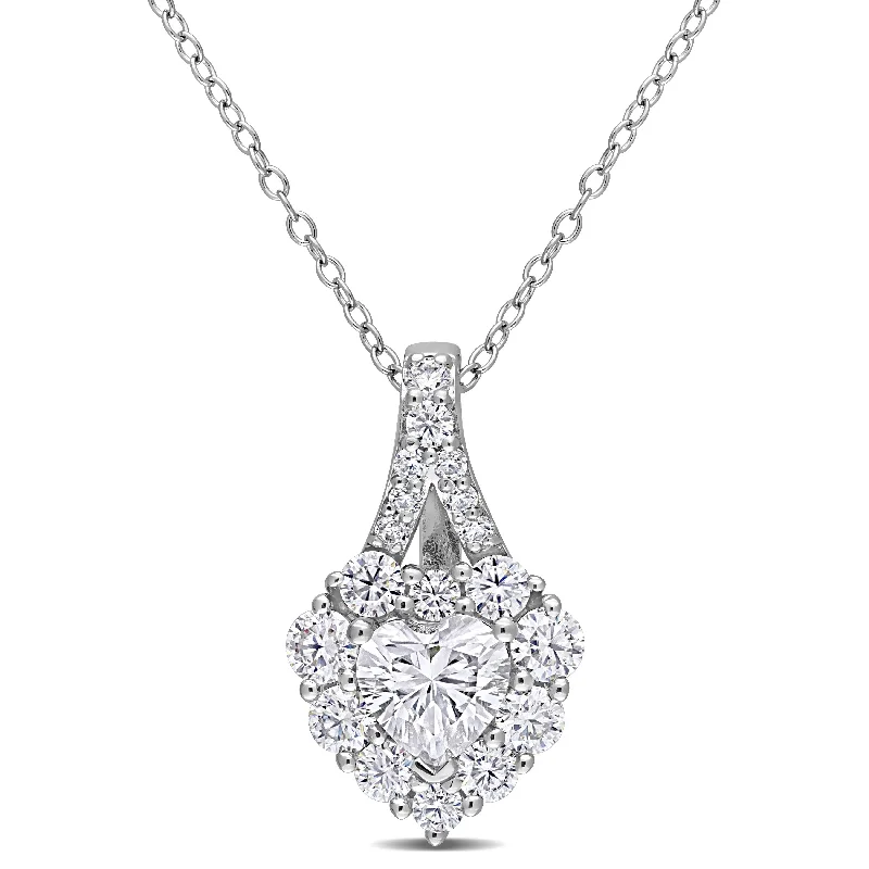 Miadora 2ct DEW Heart-cut Moissanite Halo Drop Necklace in Sterling Silver