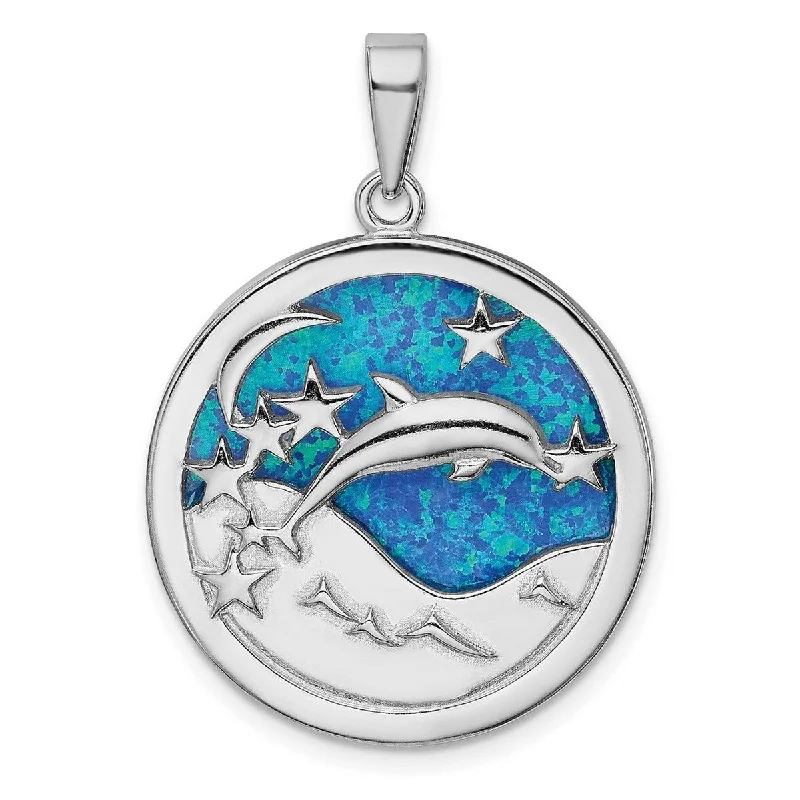 Curata 26.6mm 925 Sterling Silver Rhodium plated Blue Inlay Simulated Opal Dolphins Pendant Necklace Jewelry Gifts for Women