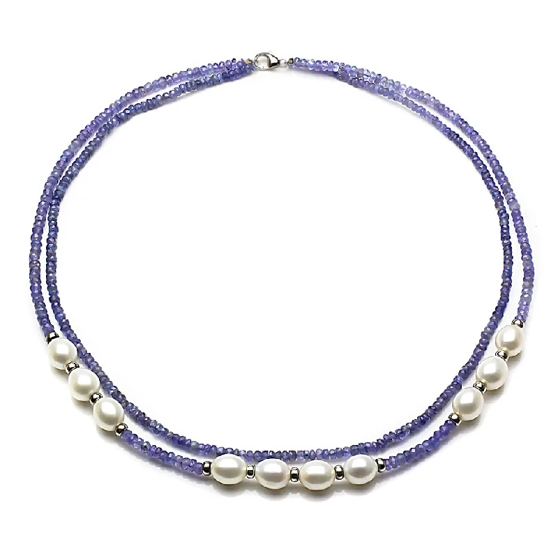 DaVonna Sterling Silver Blue Tanzanite and White Cultured Pearl Necklace