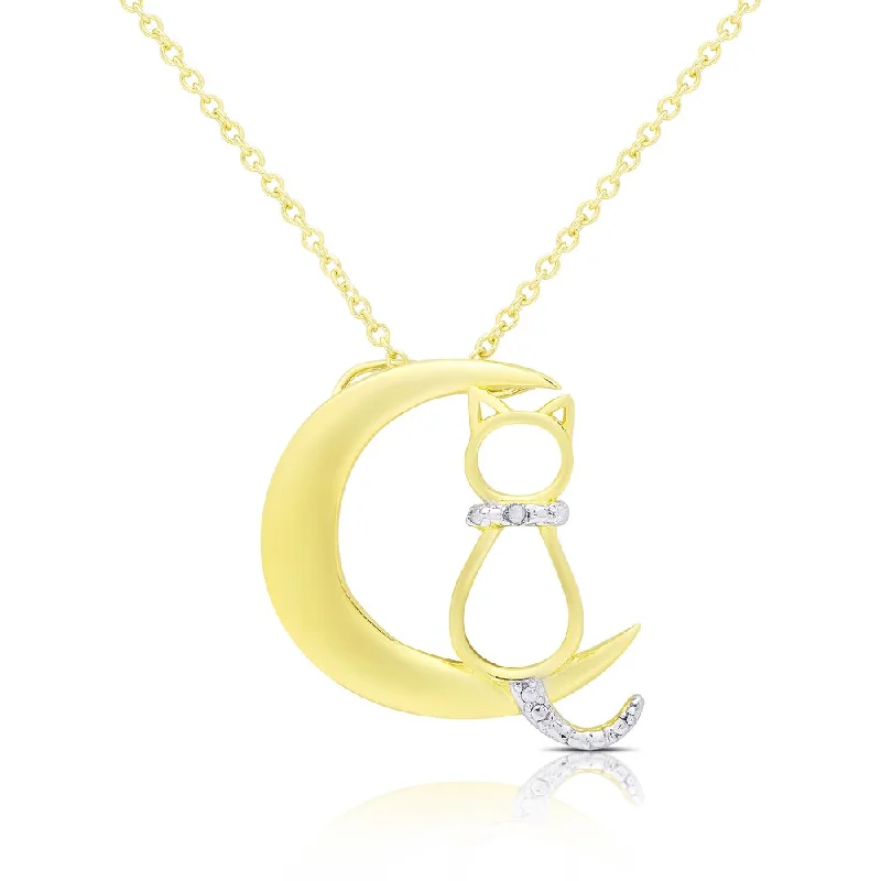 Finesque Gold Over Sterling Silver Diamond Accent Crescent Moon and Cat Necklace