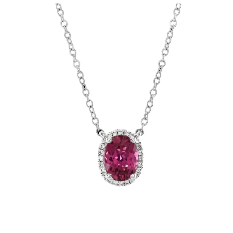 18ct White Gold Oval Cut Rubellite & Diamond Halo Cluster Pendant