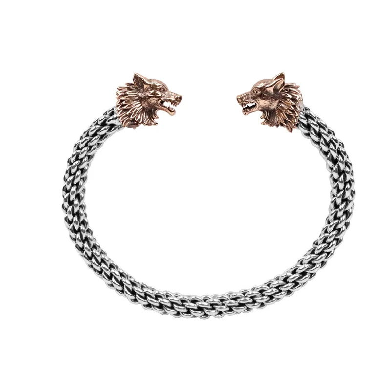 Silver or Silver and Bronze Double Headed Wolf Flexible Torc Bangle