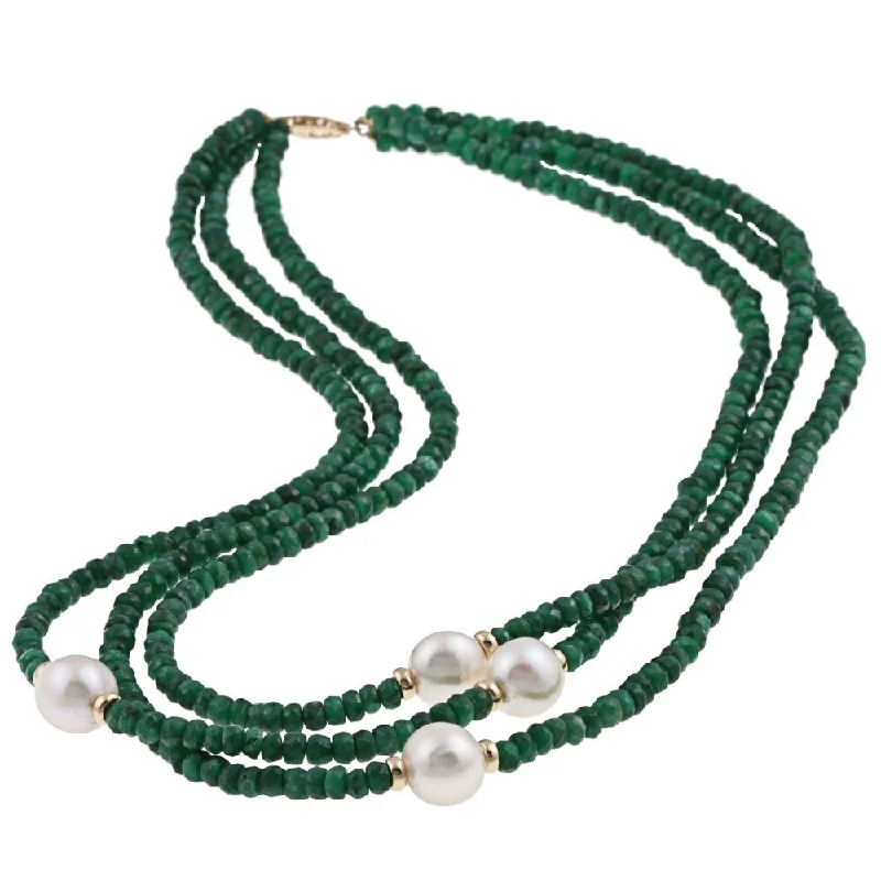 DaVonna 14k Gold 3-row Green Emerald and White FW Pearl Necklace (12-13 mm)