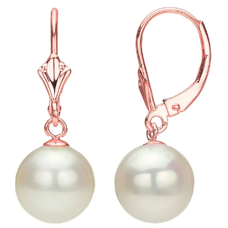 DaVonna 14k Rose Gold White Round Freshwater Pearl Dangle Fleur de Leverback Earring (6-11 mm)