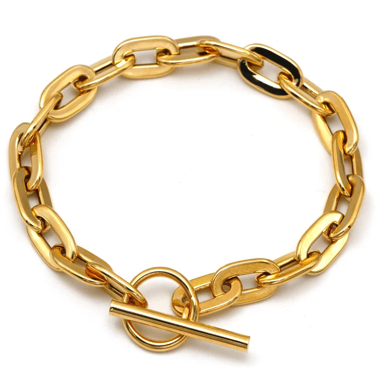 Real Gold Wide Link Bold Cable Chunky Chain With Round Dangler Lock 8 MM Thick Bracelet 2804 (18 C.M) BR1716